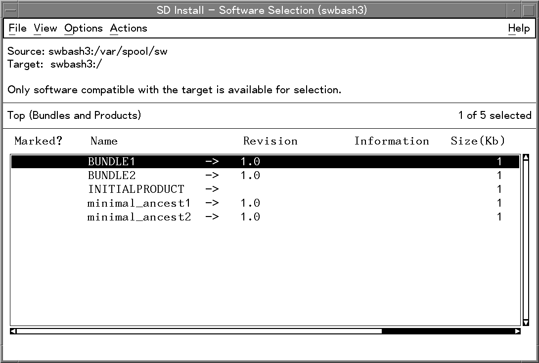 swinstall Software Selection Window
